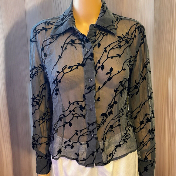 Express Burnout Velvet SilkRayon ButtonShirt Women 5/6 BlackSheer Whimsigoth Y2K - Picture 2 of 11